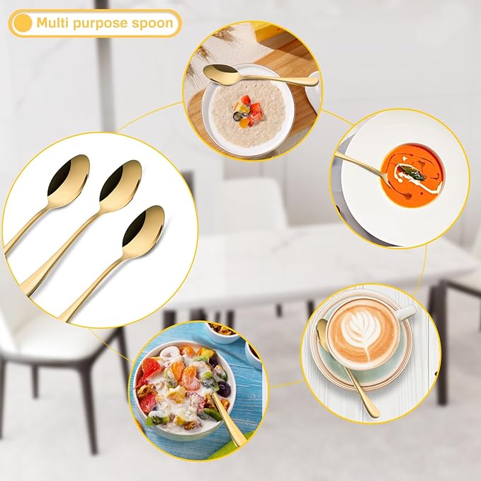 12 Pieces Spoons and Forks Set,Food Grade Stainless Steel Flatware Cutlery Set,6 Forks(6.8 inch)and 6 Spoons(6.6inch)Silverware Set for Home,Kitchen,Restaurant-Mirror Polished & Dishwasher Safe(Gold)