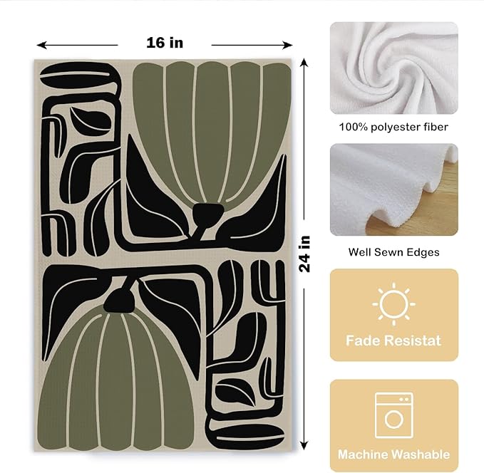 Sage Green Groovy 70s Retro Kitchen Towels Set of 2 - Boho Floral Dish Towels for Kitchen, Boho Hand Towels for Bathroom, Boho Sage Green Bathroom Kitchen Decor, 16x24 Inches