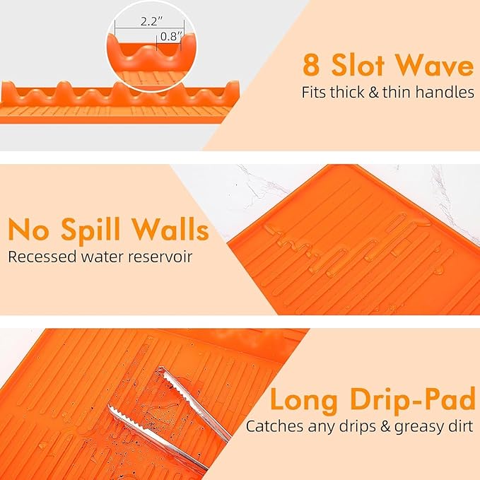 Silicone Griddle Tool Mat Compatible with Blackstone Weber - Flat Top Grill Pellet Smoker Side Shelf Spatula Mat with Drip Pad - Gifts for Men BBQ Grilling Accessories(Orange-2Pcs)