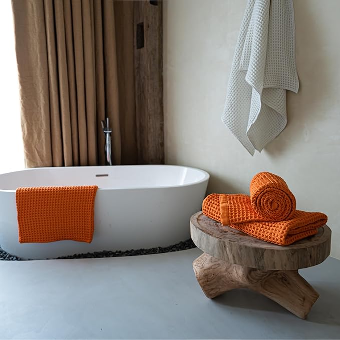 Luxury Organic Japanese Cotton Waffle Bath Towel | Thick, Absorbent, Quick Dry Bathroom Towels for Shower, Sauna, Onsen| Hotel & Spa Quality, Gift-Ready (Coral Orange, Face Towel (6 Pack))