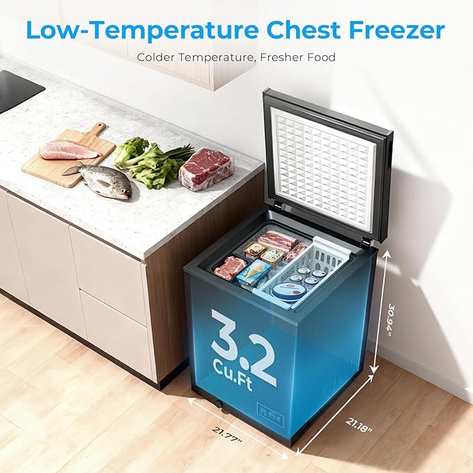 Antarctic Star Chest Freezer 3.2 Cubic Feet 14℉ to -40℉ Low Temperature Freezer with Removable Basket, Free Standing Top open Door Deep Freezer,Adjustable Temperature for Home,Basement, Kitchen, Black