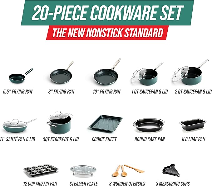 Blue Diamond 20 Piece Cookware and Bakeware Set, Diamond Infused PFAS-Free Ceramic Nonstick Pots and Pans, Durable Nontoxic Metal Utensil Safe & Scratch Resistant, Dishwasher & Oven Safe, Green