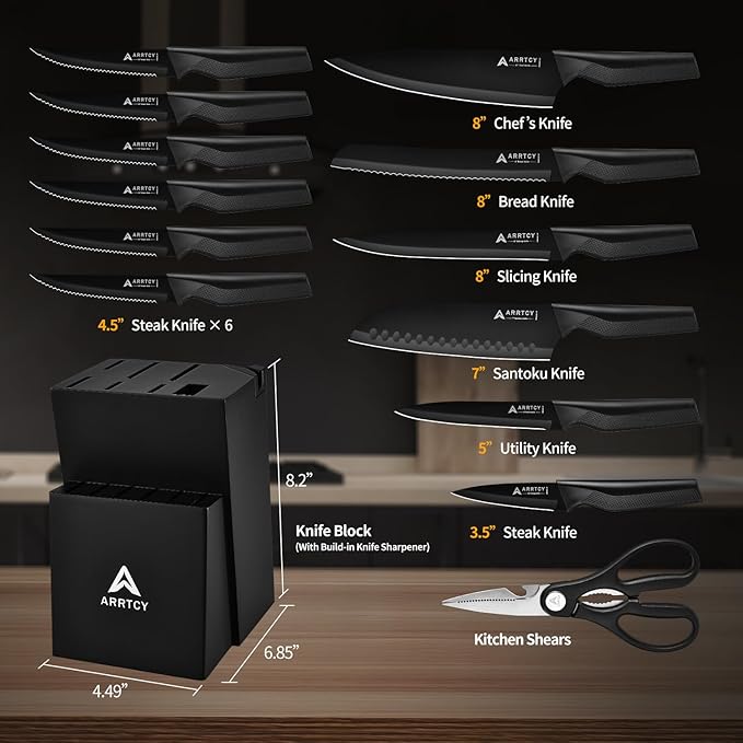 Knife Set with Block - Kitchen Knife Set German High-Carbon Steel - 15-Piece with Built-in Sharpener & Dishwasher Safe - Ergonomic Anti-Slip Handles,Black,Gift Box Included