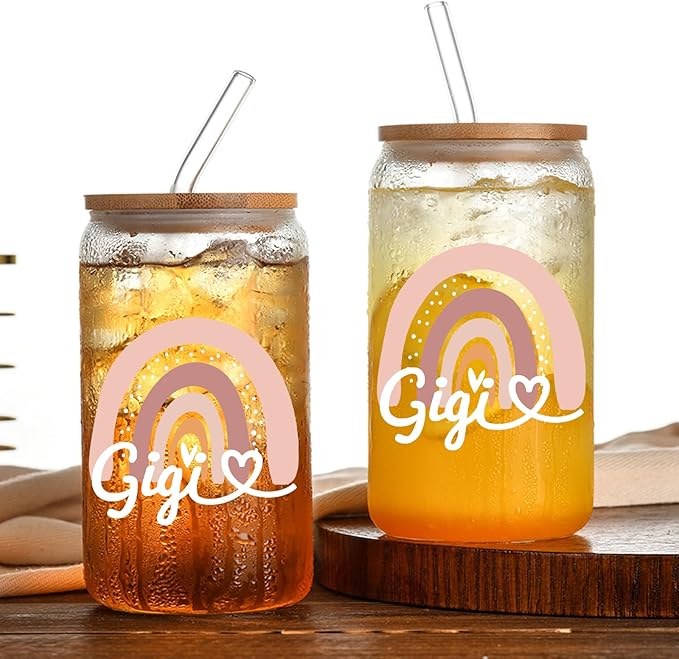 Gigi Glass Cups with Lids and Straws, Glasses Drinking Set, Mothers Day Birthday Christmas Gifts for Mom, 16 Oz