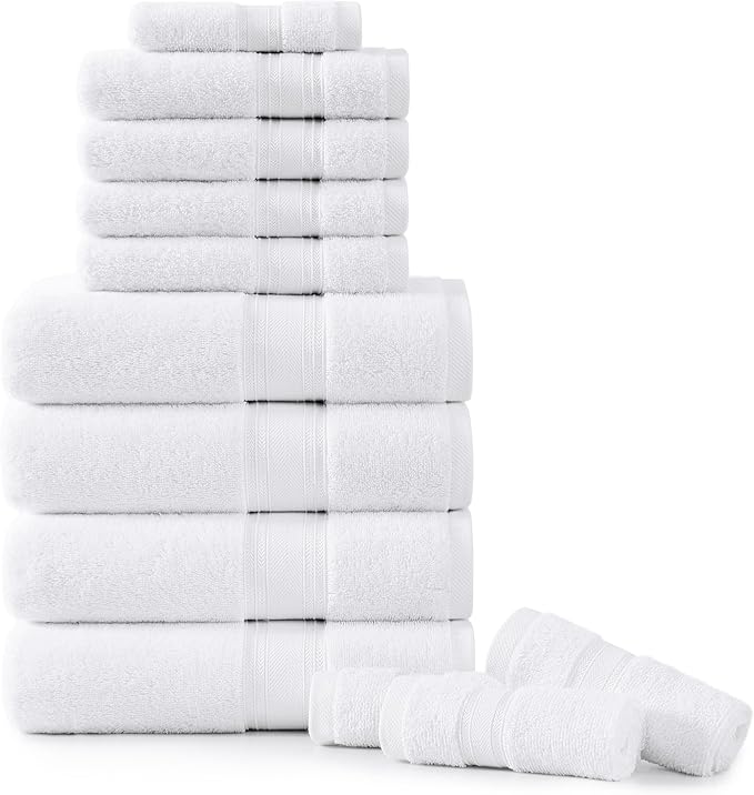 LANE LINEN 100% Mercerized Cotton Bath Towels Set of 12 – Zero Twist, 4 Bath, 4 Hand Towel & 4 Washcloths, Soft, Ideal for Spa Hotel & Home, Durable After Multiple Washes – White Towels