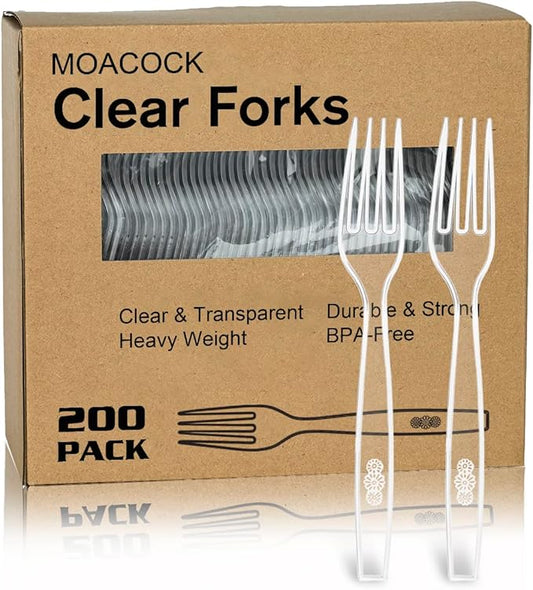 200 Count Clear Disposable Plastic Forks, Heavy Weight Disposable Forks Plastic Utensils for Parties, Picnics, Big Event, Daily Use