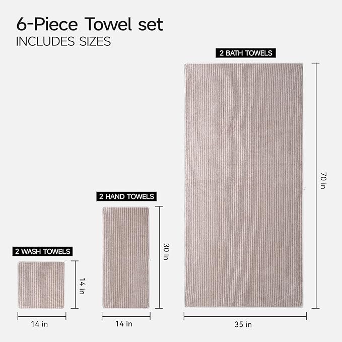 REDKISS Ultra Soft Bath Towels Set of 6 Large 35"x70" | 100% Microfiber, Highly Absorbent & Quick Dry | Taupe Towels for Bathroom, Spa, Gym | 2 Bath, 2 Hand, 2 Washcloths