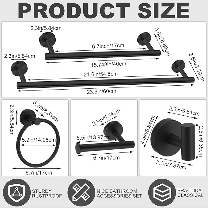 Gisafai 20 Pcs Bathroom Hardware Set, 23.6 Inch Brushed Towel Bar Ring Toilet Paper Holder Robe Towel Hook, Sus304 Stainless Steel Bathroom Accessory Set Wall Mounted (Black)