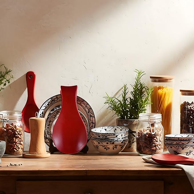 Patelai Acacia Wood Spoon Rest for Stove Top Bamboo Holder for Spatula Rest for Kitchen, Counter Spoon Holder for Countertop, Modern and Rustic for Farmhouse as Dining Table Decoration (Mahogany)