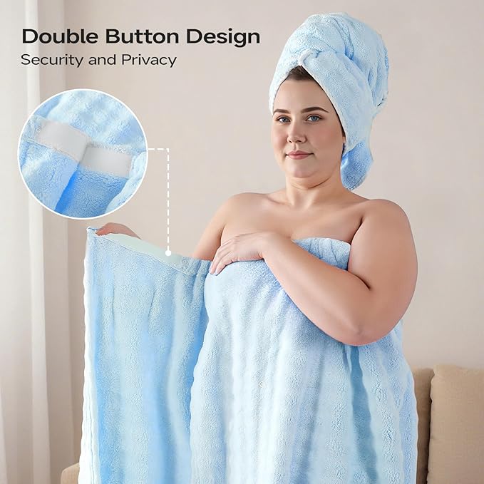 REDKISS Blue Towel Wrap for Women, XL Spa Shower Wrap with Hair Towel, Super Absorbent Bath Towels Robe for Body, Adjustable Microfiber Plush Bathrobe for Girls, Warmth Velcro Plus Size Wraps Towels