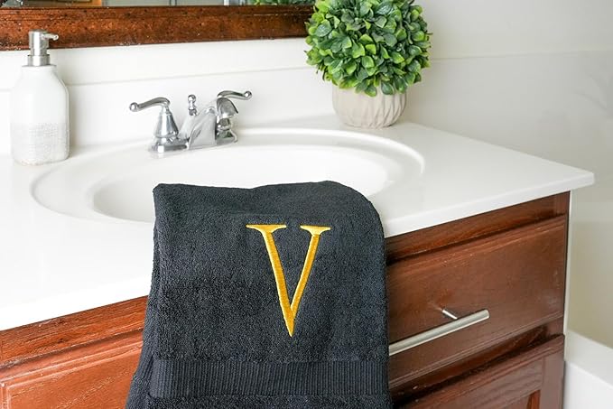 Black Initial Hand Towel for Bathroom - Monogrammed Luxury Hotel Quality Decorative Embroidered Towel for Powder Room, Spa - GOTS Organic Certified - Pack of 2, Letter V