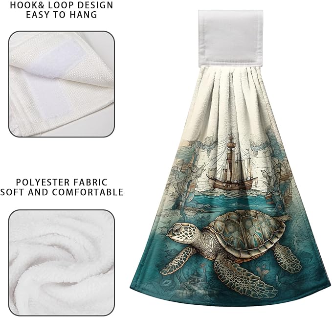 Sea Turtle Hanging Kitchen Towels Set of 2 Summer Ocean Turtle Hand Towel with Loop Coastal Tortoise Sailboats Hanging Dish Towels Absorbent Tie Towel for Bath Kitchen Home