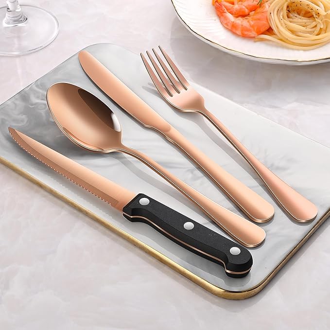 Rose Gold 24 PCS Flatware Sets With Steak Knives Service For 4 Person,Copper Eating Untensils Set For Kitchen,Silverware Set Includes Knife Spoon And Fork Set