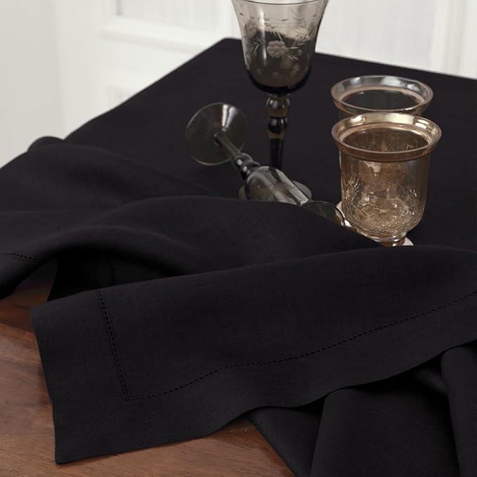 Solino Home Black Linen Tablecloth 60 x 144 Inch - Classic Hemstitch, 100% Pure Linen Rectangular Tablecloth - Machine Washable Table Cloth for New Year