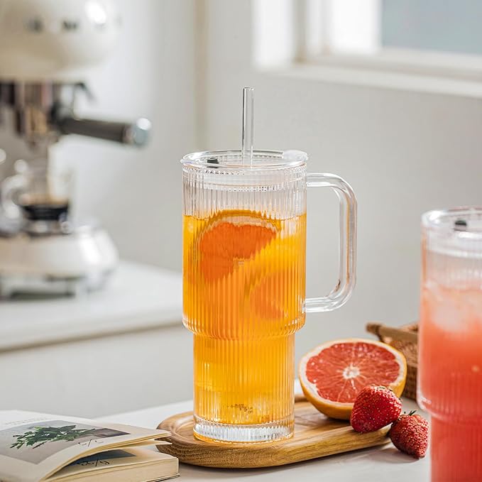 INSETLAN 26oz Ribbed Glass Tumbler with Handle & Lid – 4-Pack Large Iced Coffee Cups with Straws, Modern Glass Mug for Cold & Hot Beverages, Aesthetic Travel Cup for Smoothies, Tea, and Juice