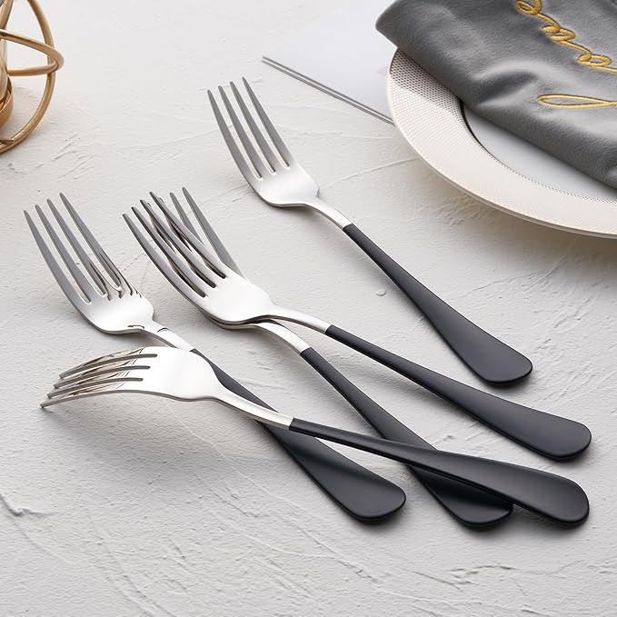 Black Dinner Fork, 18/0 Black handle Stainless Steel Satin Finish 8.1-inch Silverware Flatware Fork Set, Set of 12, Dishwasher Safe