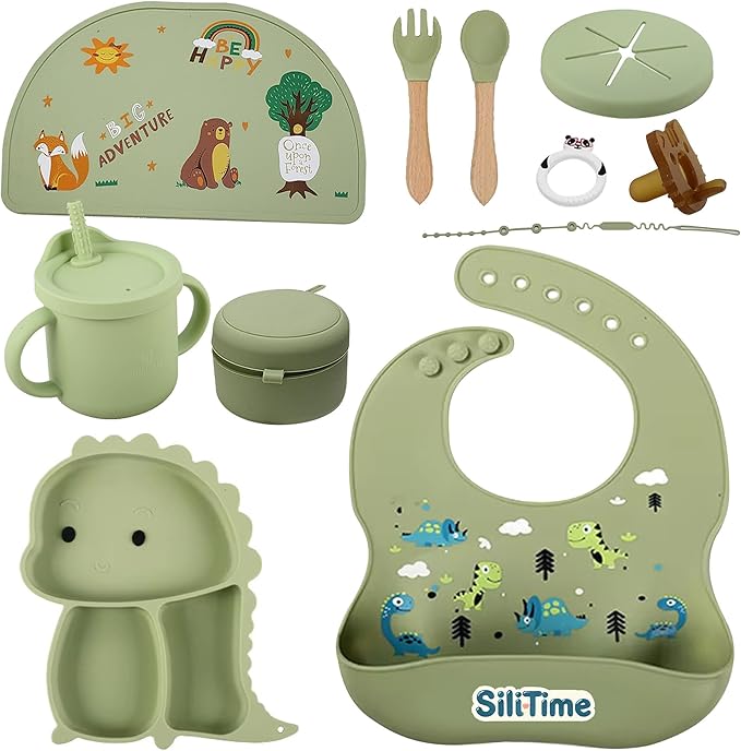 SiliTime Dinosaur-Themed Silicone Baby Feeding Set – Suction Mat with Food Catcher & Pacifier – 8-Piece BPA-Free Toddler Mealtime Essentials for Baby-Led Weaning