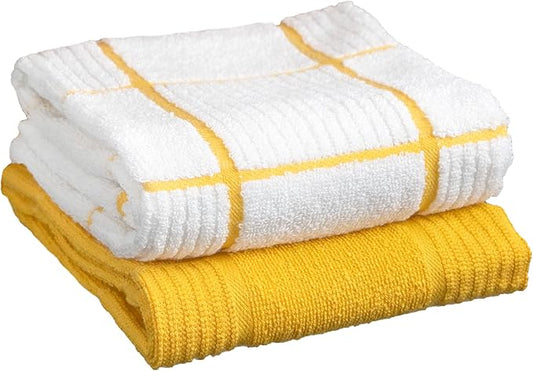 T-Fal Solid & Checked Parquet Kitchen Towels: Highly Absorbent, Super Soft Long Lasting - 100% Cotton, 16"x26" Dish Towels for Cleaning & Drying Dishes, Pans, Glassware, or Countertops, 2-Pack, Lemon