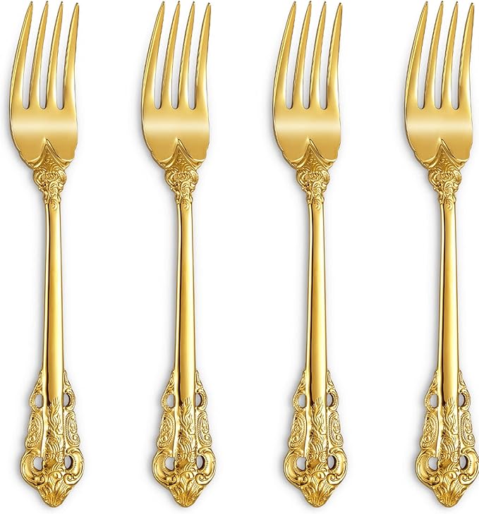 KEAWELL Luxury Salad Forks Dessert Forks Set, Set of 4, 18/10 Stainless Steel, 7 Inches, Dishwasher Safe, Mirror Polished, Silverware Fork Set (Gold)
