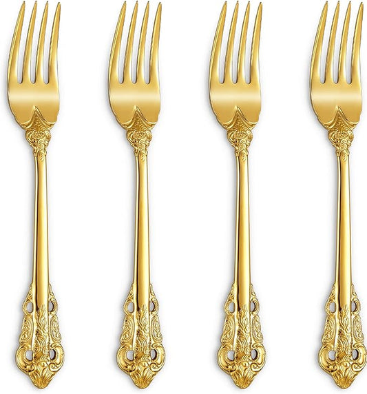 KEAWELL Luxury Salad Forks Dessert Forks Set, Set of 4, 18/10 Stainless Steel, 7 Inches, Dishwasher Safe, Mirror Polished, Silverware Fork Set (Gold)