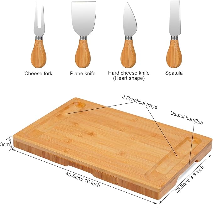 Bamboo Cheese Board and Knife Set with Slid-Out Drawer - Wood Charcuterie Platter Serving Tray for for Wine, Meat & Crackers, Perfect for Wedding Anniversary Housewarming & Entertaining