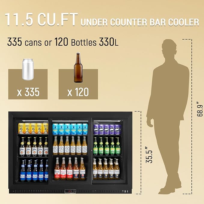 Commercial Back Bar Cooler with 3 Glass Sliding Doors, 11.5 cu.ft Under Counter Beverage Refrigerator, LED Lighting - ETL Beer and Wine Cooler for Bar, Restaurant, Garage, Office, Home