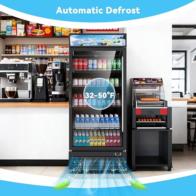 Commercial Beverage Refrigerator with Glass Door, 21.2 Cu.Ft Display Fridge Beverage Cooler with Customizable Lightbox Adjustable Shelves, Drink Fridge Merchandiser for Restaurant Shop, Black