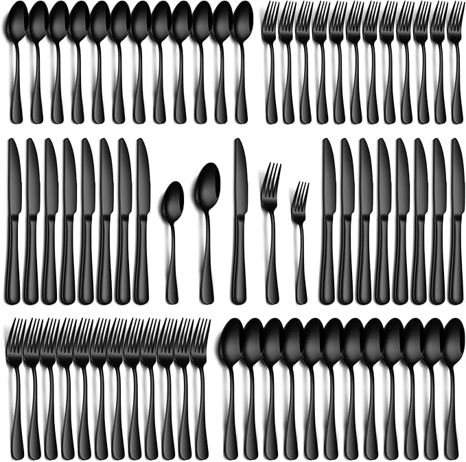 60 Piece Black Silverware Set, Stainless Steel Flatware Set for 12 Food Grade Cutlery Utensil Set Include Knife Fork Spoon Mirror Polished Dishwasher Safe