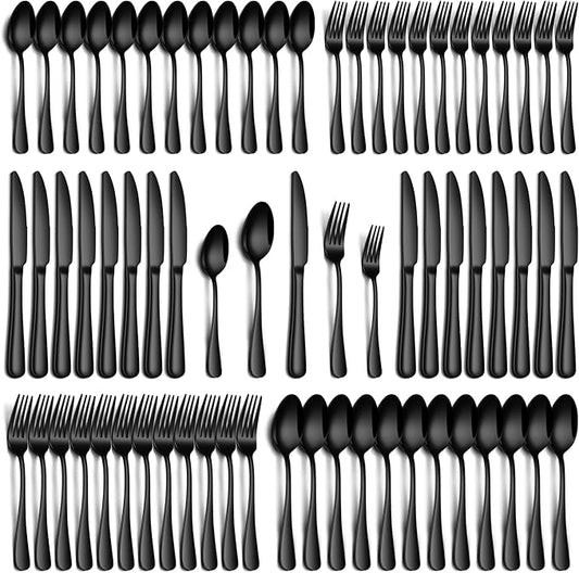 60 Piece Black Silverware Set, Stainless Steel Flatware Set for 12 Food Grade Cutlery Utensil Set Include Knife Fork Spoon Mirror Polished Dishwasher Safe