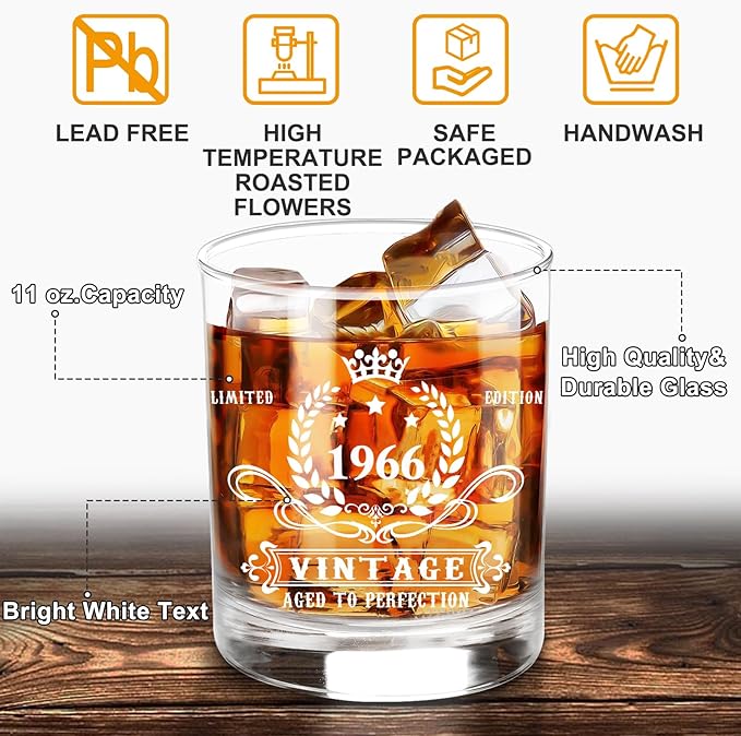 YeohJoy 60th Birthday Gifts for Men,Vintage 1966 Whiskey Glass Set,Wood Box & 1966 Poster Anniversary Card &Whiskey Coaster & Stones,Bday Gifts Ideas for Him, Dad, Husband