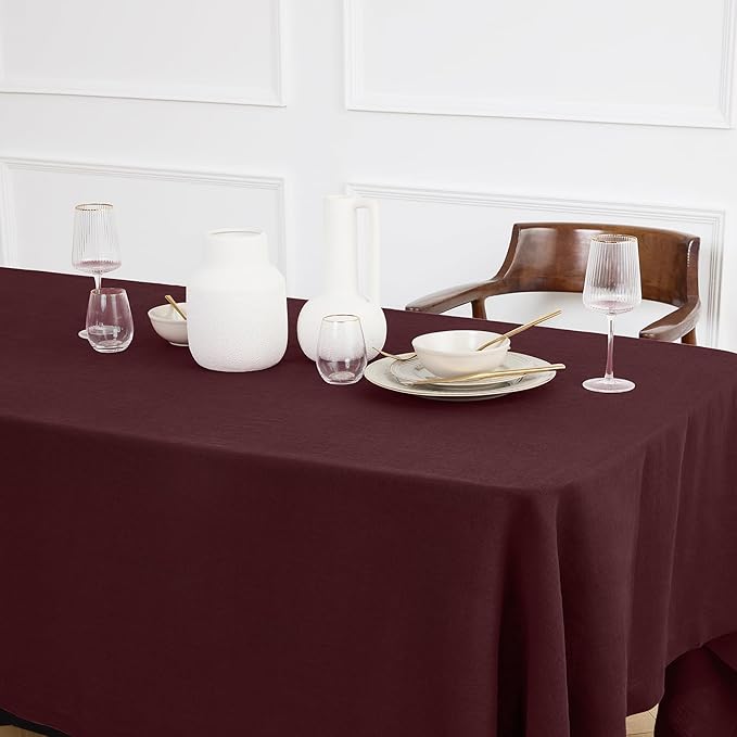Solino Home Linen Burgundy Tablecloth 70 x 132 Inch - 100% Pure Linen Rectangular Tablecloth - Machine Washable Table Cloth for Valentines, New Year - Sonoma