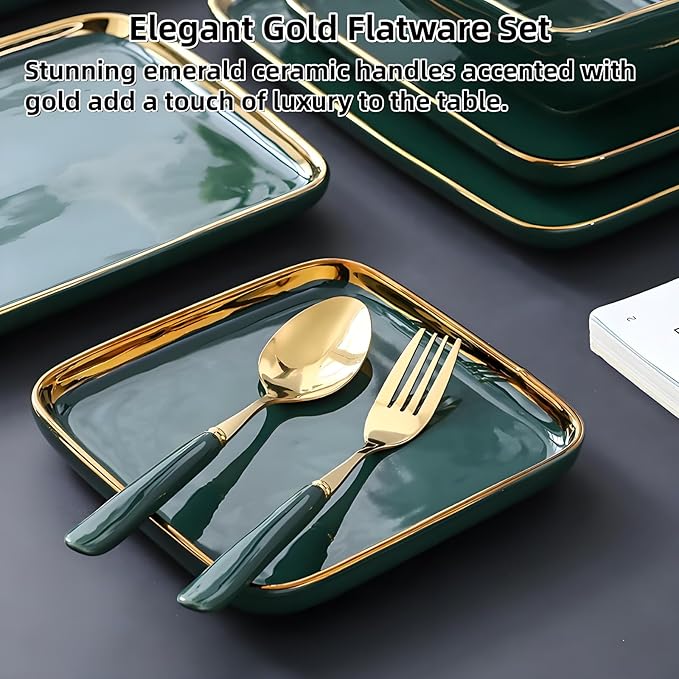 12-Piece Gold Silverware Set with Elegant Emerald Ceramic Handle,Premium Stainless Steel Flatware Set Service for 4,Mirror Polished Dishwasher Safe Luxury Cutlery Set for Home Restaurant