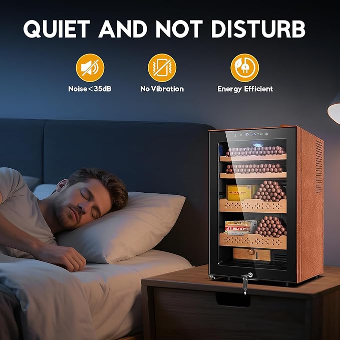 Tylza Leather Trim Cigar Humidor, 70L Cigar Humidor Cabinet with Auto Humidity & Temp Control, 550 Counts, 3 LED Lights, Spanish Cedar Wood, Cigar Humidors with Safety Lock, Gifts for Men