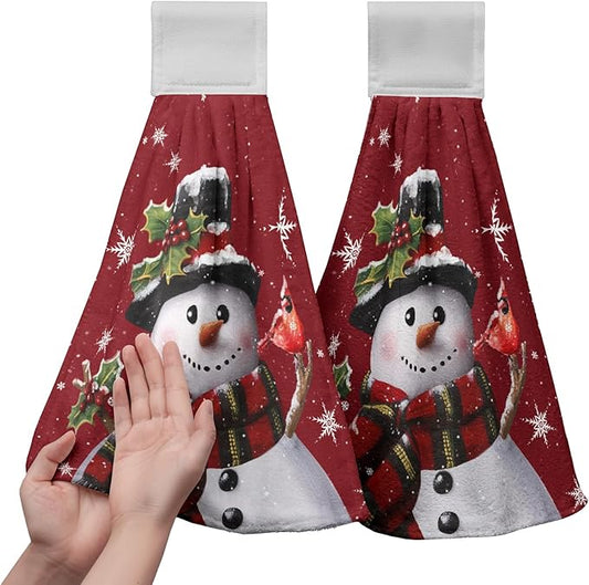 Snowman Xmas Hanging Kitchen Towels Winter Holiday Dish Towel with Hanging Loops Christma Hand Tie Towels Soft Absorbent for Bathroom Home Tabletop Decor 12x17 Inch Set of 2
