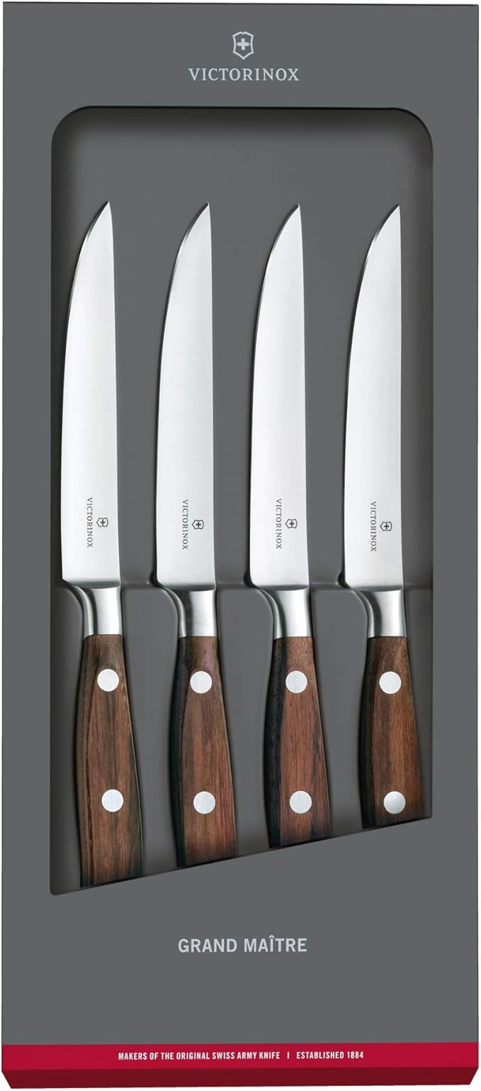 Victorinox 7.7240.4 Grand Maître Steak Knife Set Ideal for Slicing a Wide Variety of Steak Cuts Straight Blade in Rosewood, Set of 4