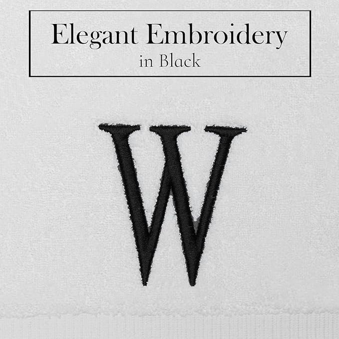 Black Luxury Hand Towel for Bathroom - Monogrammed Initial Hotel Quality Decorative Embroidered Towel for Powder Room, Spa - GOTS Organic Certified - Set of 2 Letter W