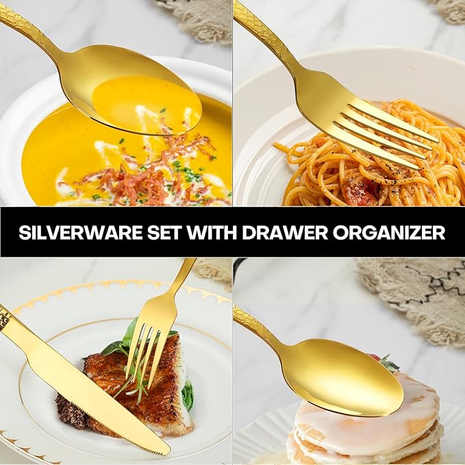 49Pcs Silverware Set with Organizer, Silver Stainless Steel Flatware Set for 8 Cutlery Utensil Sets with Steak Knives, Spoons and Forks Set, Dishwasher Safe
