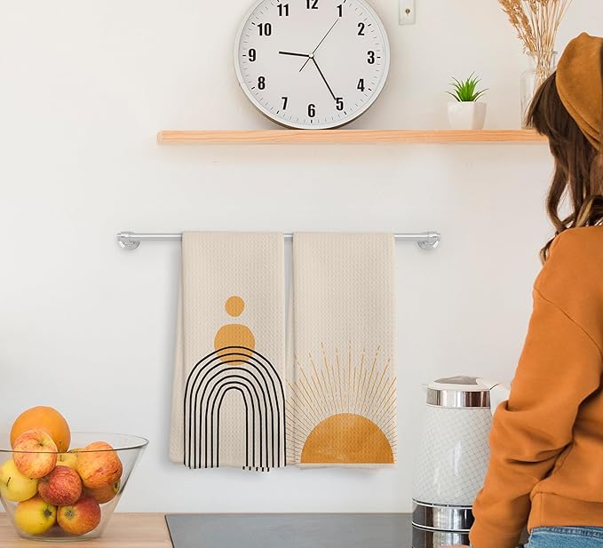 Boho Black Sun Sunrise Sunshine Rainbow Kitchen Towels and Dishcloths Sets of 2,Bohemian Absorbent Drying Cloth Hand Towels Tea Towels for Bathroom,Boho Gifts for Women Girls,16×24 inches (Orange)