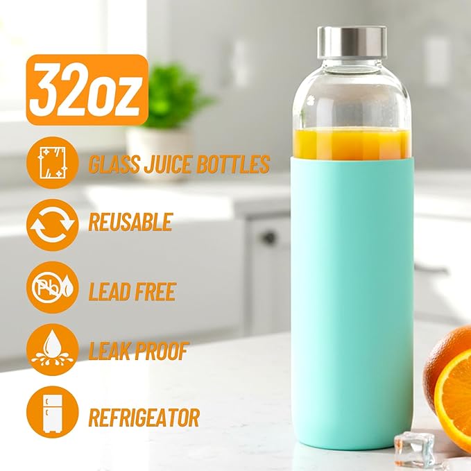 32 oz Glass Water Bottles with Lids and Silicone Sleeve, Reusable Juice Bottles with Stainless Steel Leak Proof Cap, Beverage Storage Containers for Juicing & Water, BPA Free Set of 3