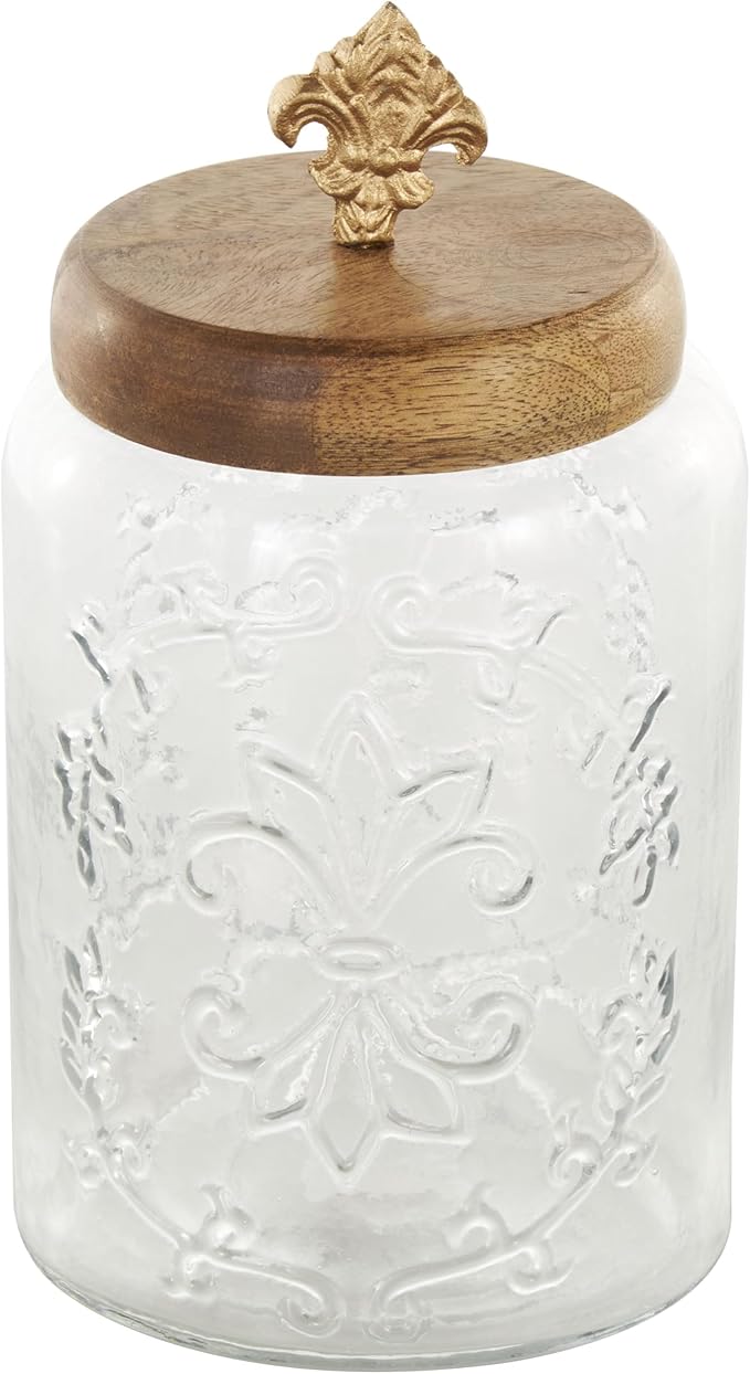 Deco 79 Glass Scroll Living Room Decorative Jars Decorative Container with Brown Wooden Lids and Gold Fleur-De- Lis Knobs, Set of 2 Jar with Lid 9", 7"H, Clear