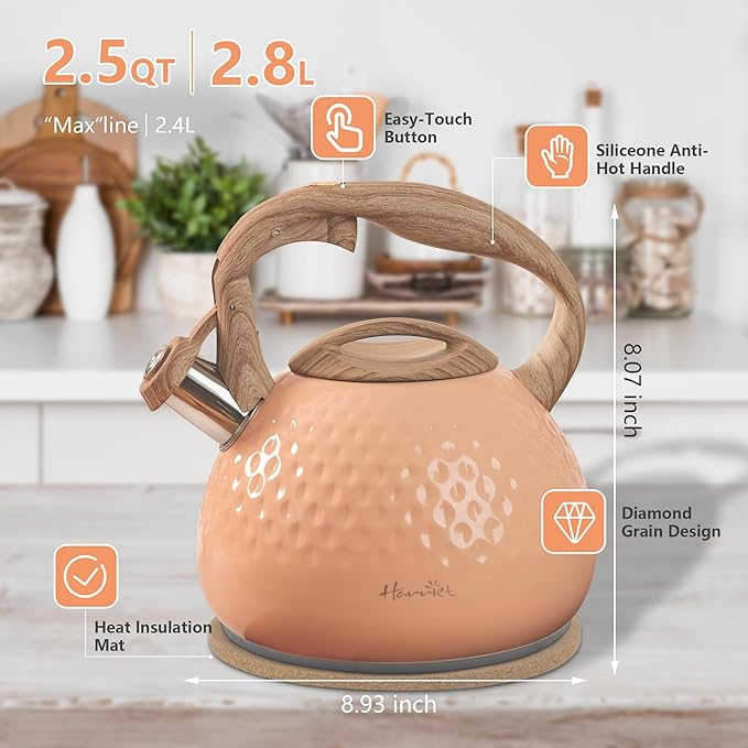 harriet Tea Kettle, Tea Pot for Stovetop, 2.5QT Whistling Kettle with 5-Layers bottom, Food Grade Stainless Steel Kettles with Hot-Resistant Handle Gas Electric Applicable, Peach