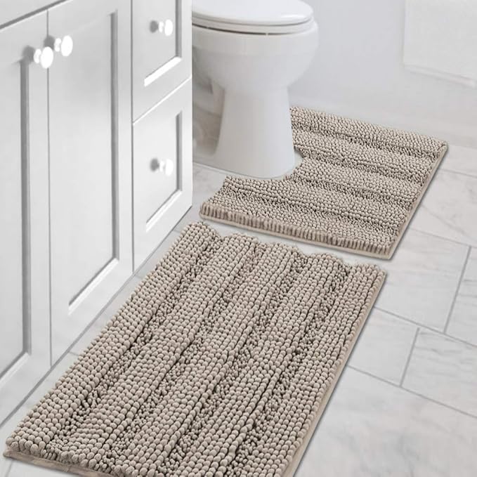 H.VERSAILTEX Bathroom Rugs Bath Rug Set 2 Piece Bathroom Contour Rug Toilet Mat Sets Non Slip Contour Bath Rug Ultra Thick Water Absorbent Striped Bath Mats Washable(20" x 32" Plus 20" x 20" U, Taupe)