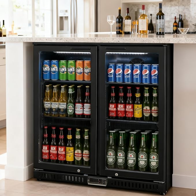 Commercial Back Bar Cooler with 2 Glass Doors, 7.4 cu.ft Under Counter Beverage Refrigerator, LED Lighting - ETL Certified Beer and Wine Cooler for Bar, Restaurant, Garage, Office, Home