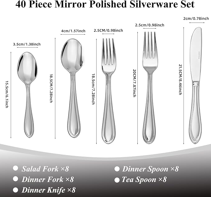 Silverware Set, 40-Piece Stainless Steel Flatware, 18/0 Stainless Steel Utensils, Dishwasher Safe, Modern Tableware for Home & Kitchen Dining