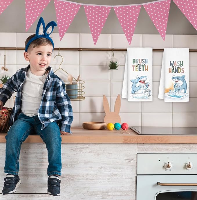 Shark Bathroom Hand Towels, Shark Bathroom Decor, Sharks Lover Gifts Decorative Hand Towels for Kids Bathrooms, Funny Coastal Beach Kitchen Towels, 16x24 Inch Set of 2