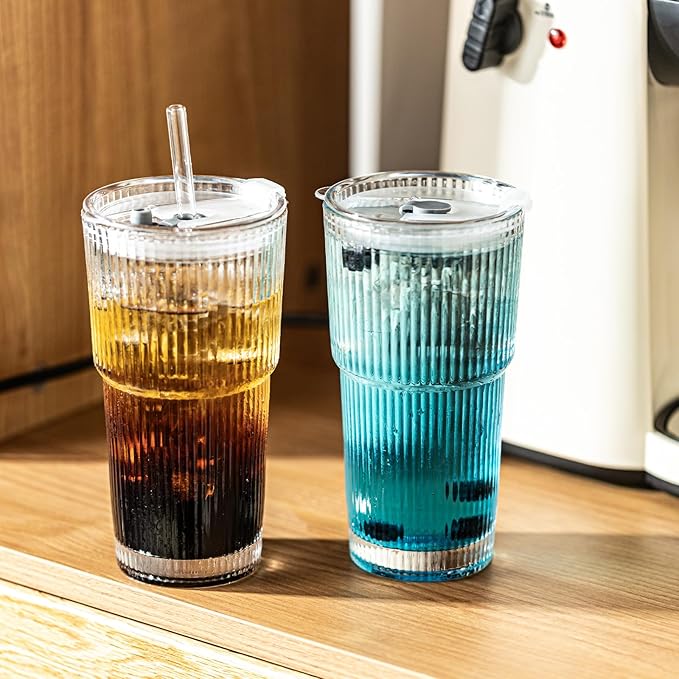 Ribbed Drinking Glasses,with Lids and Straws Glass Cup,19oz Glass cup,4 Pack Old Fashioned Glasses,Thickened for iced coffees,cocktails and juices, perfect for families and parties (4)