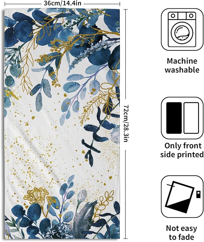 Imiss Navy Blue Eucalyptus Leaves Bathroom Towels 2Pcs, Watercolor Botanical Nature Plant Hand Fingertip Towel 14.4 x 28.3 Inch Multipurpose Kitchen Dish Cloth for Home Spa Yoga Sport Hotel
