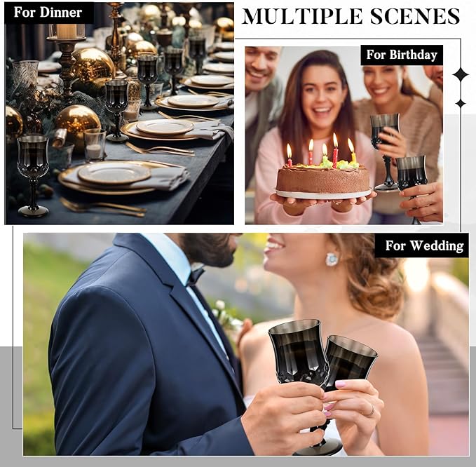 Pinkunn 6 Pcs 7 oz Plastic Vintage Wine Glasses Reusable Colored Goblets Patterned Drinking Water Glasses Cup Dishwasher Safe for Christmas Wedding Reception Party Supplies (Black)