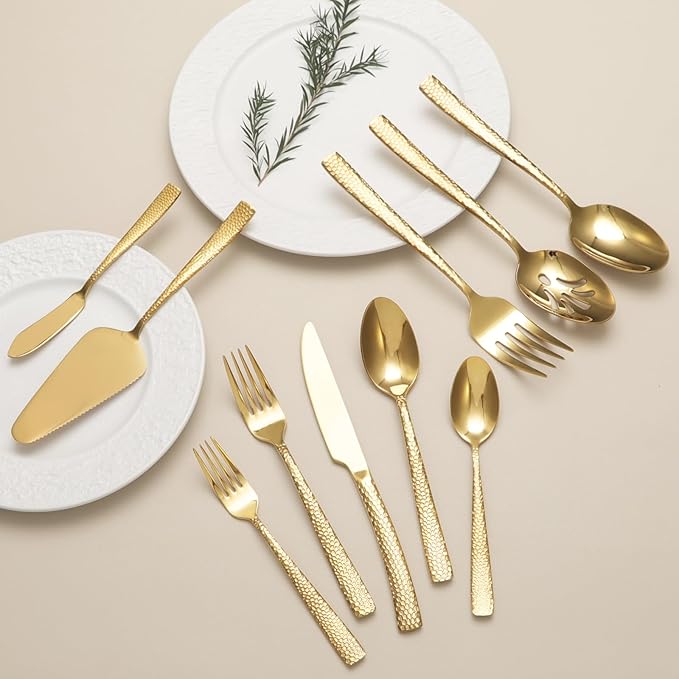 45-Piece Silverware Set with Serving Utensils Set, Gold Hammered Stainless Steel Flatware for 8, Food-Grade Tableware, Including Fork, Knife, Spoon Set, Home Kitchen Cutlery, Dishwasher Safe