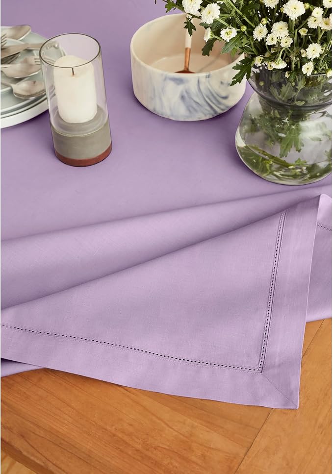 Solino Home Cotton Linen Tablecloth 58 x 104 Inch - Hemstitch Lavender Ice Table Cloth for Rectangle Tables - Machine Washable Tablecloth for Valentines